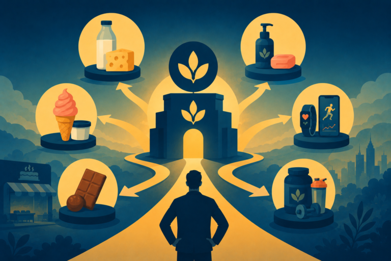 Illustration of a flexible business foundation expanding into multiple product lines, representing brand optionality and competitive advantage