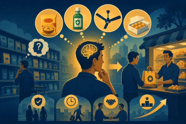 Illustration of a consumer instinctively writing a specific company name on a grocery list instead of a generic item, representing brand recall and loyalty