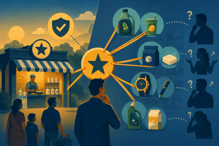 Illustration of a product line extension failing due to mismatched brand identity, representing brand stretching and consumer confusion.