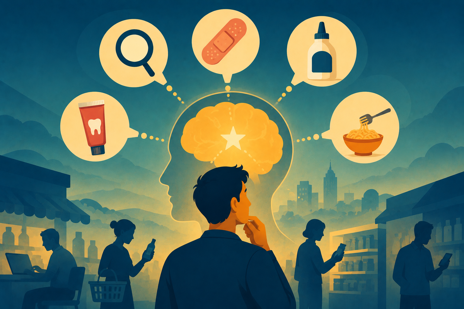 Illustration of a consumer instantly recalling a trusted brand name, representing competitive memory and brand leadership