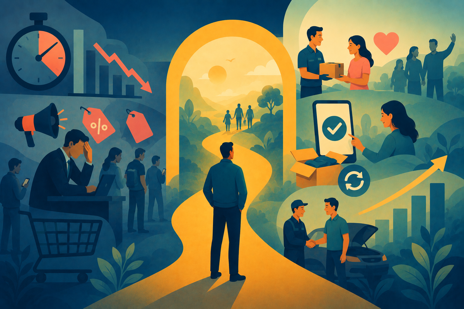 Illustration of a loyal buyer interacting with a brand over years, representing a long customer lifetime versus short-term sales