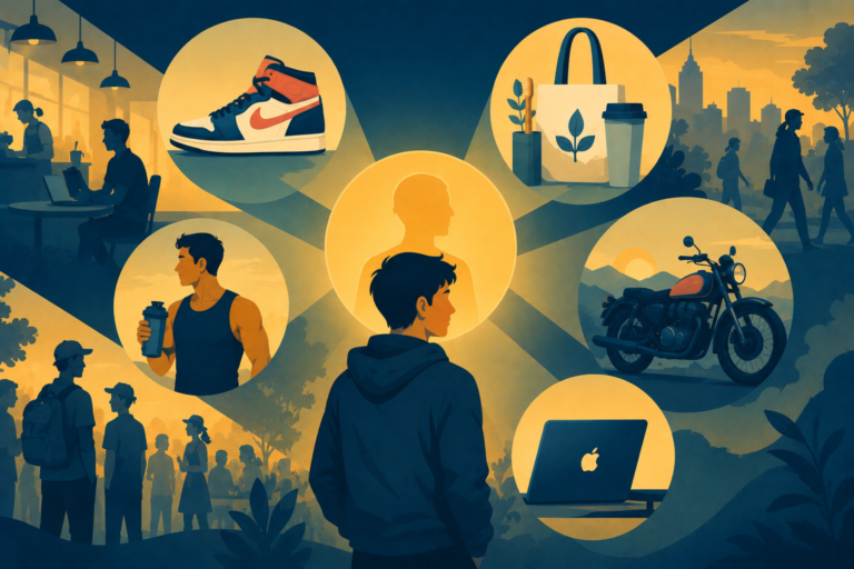 Illustration of diverse consumers using branded items in a cafe, representing identity signals and consumer preferences