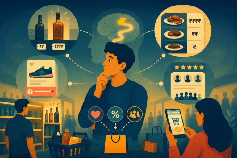 Illustration of a consumer making a quick shopping decision, representing a mental shortcut and buyer psychology