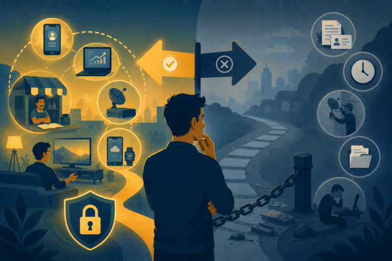 Illustration of a consumer stuck between two brand choices, representing switching costs and customer loyalty