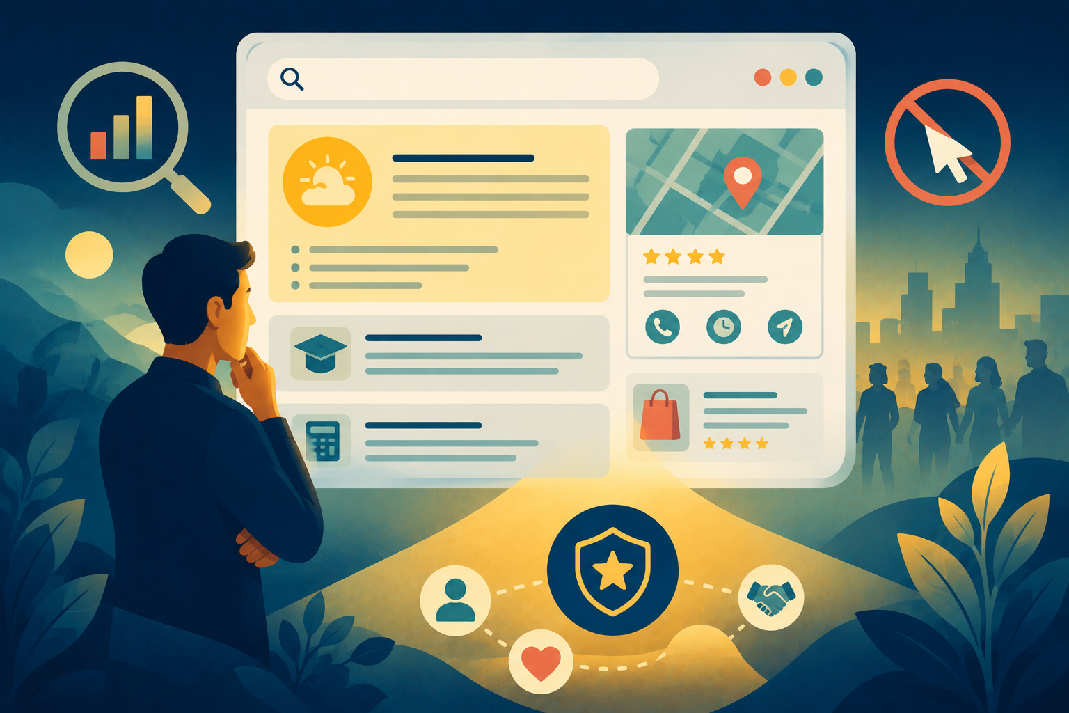 Illustration of search engine results providing instant answers on a screen, representing zero-click search and brand visibility