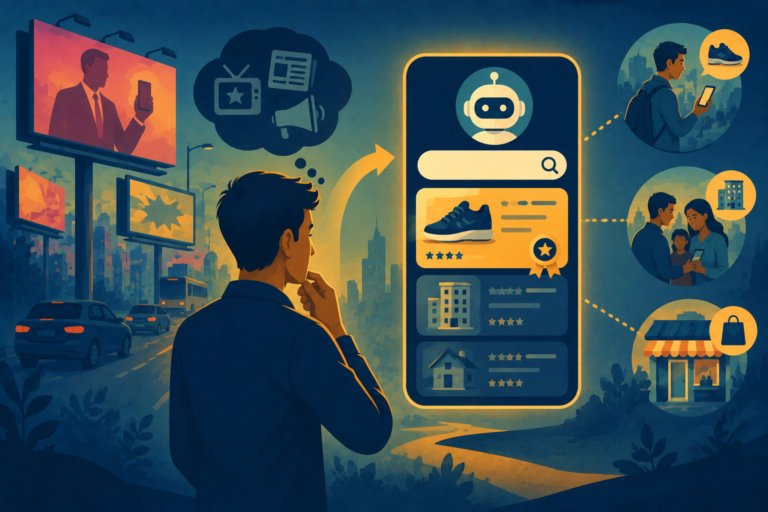 Illustration of a consumer using a mobile phone to bypass traditional billboards and find local products, representing AI visibility and brand discovery