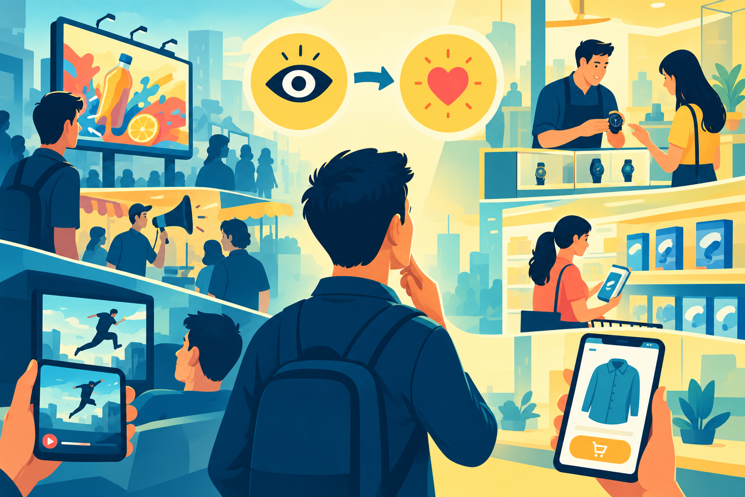 A distracted pedestrian glancing at a loud street speaker, representing the dangerous gap between cheap attention and true audience interest