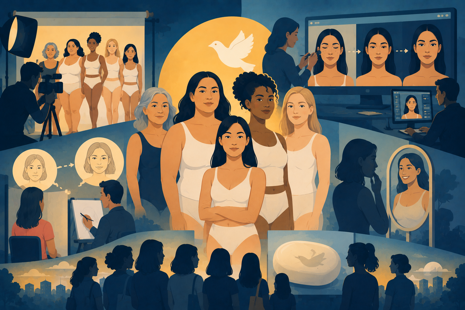Illustration of a Dove billboard featuring diverse, real women, representing authentic beauty marketing and consumer trust