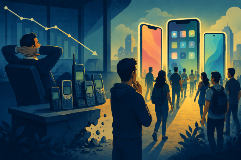 Illustration of an old keypad mobile phone next to a modern smartphone, representing brand complacency and failed market adaptation