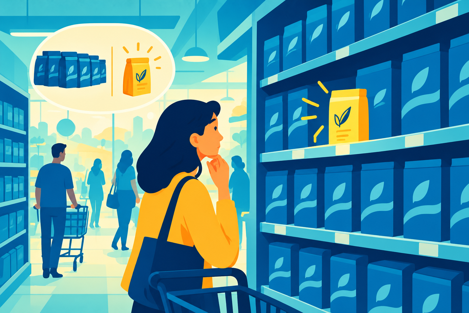 A bright yellow soap box standing out among fifty identical blue boxes on a supermarket shelf, representing the physical power of strong brand contrast