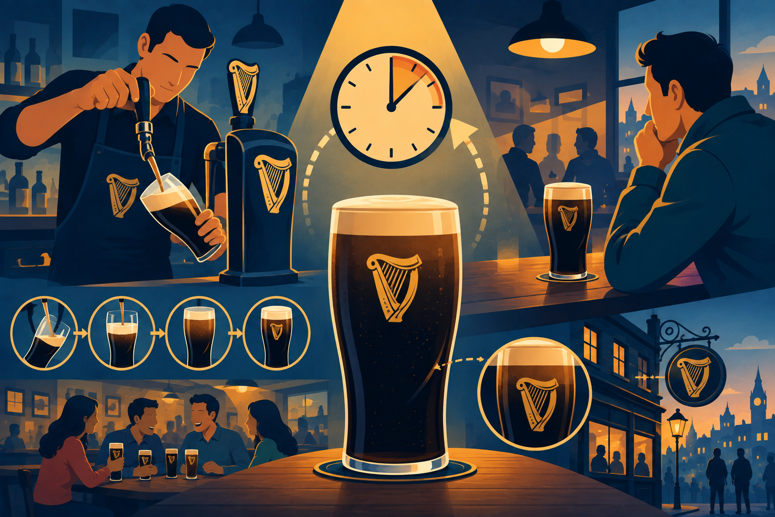 Illustration of a bartender carefully pouring a pint of Guinness into a curved glass, representing a crafted brand experience and the famous waiting ritual.