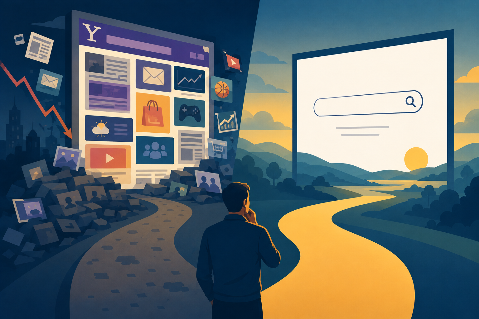 Illustration of a cluttered Yahoo homepage compared to a clean, empty search box, representing the importance of brand focus