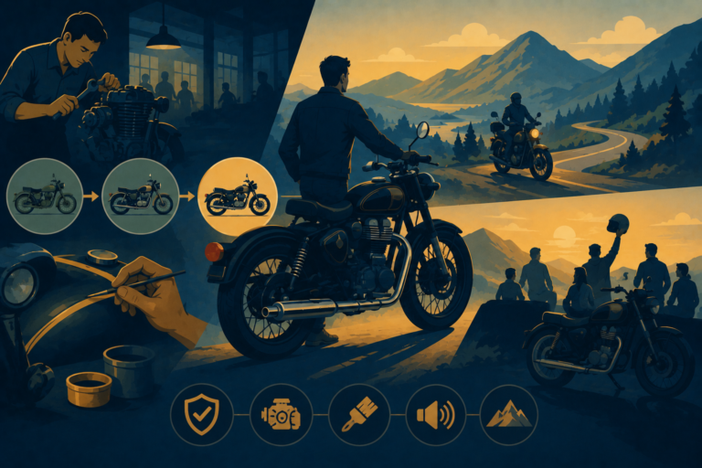llustration of a classic Royal Enfield motorcycle being ridden on a mountain road, representing brand heritage and authentic design