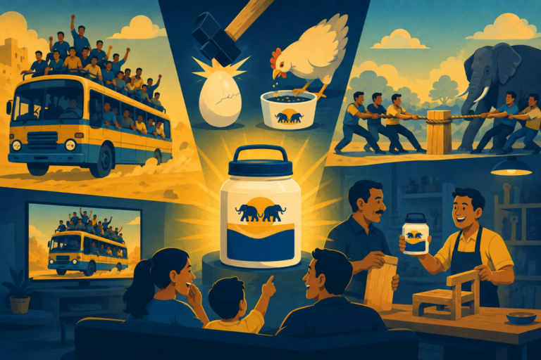 Illustration of a crowded bus in Rajasthan, representing the iconic Fevicol advertisement and successful brand humour