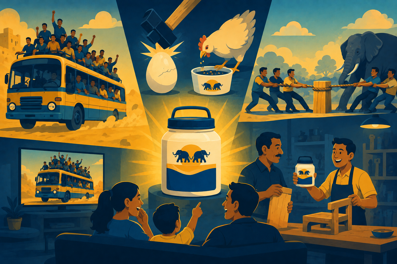 Illustration of a crowded bus in Rajasthan, representing the iconic Fevicol advertisement and successful brand humour