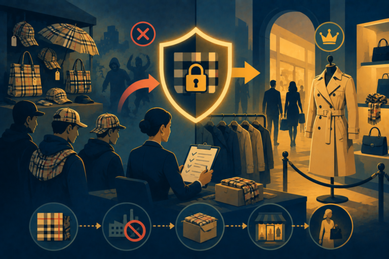 Illustration of a premium Burberry trench coat displayed in a luxury boutique, representing strict brand protection and exclusivity
