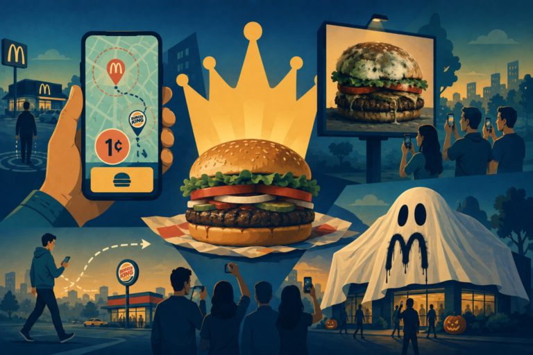 Illustration of a Burger King customer using a mobile app outside a rival fast-food shop, representing brand provocation and guerrilla marketing