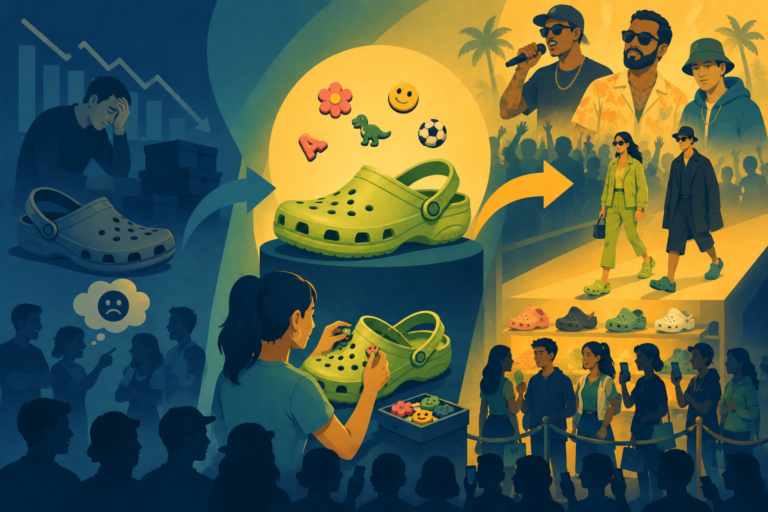 Illustration of classic Crocs adorned with Jibbitz charms, representing a successful brand resurgence and cultural fashion shift