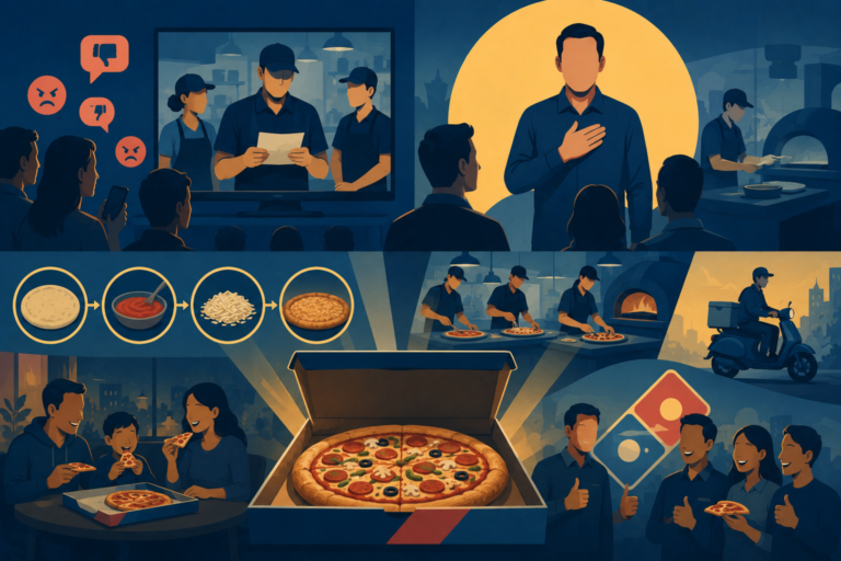 Illustration of a Domino's pizza box alongside honest customer feedback, representing brand transparency and rebuilding consumer trust