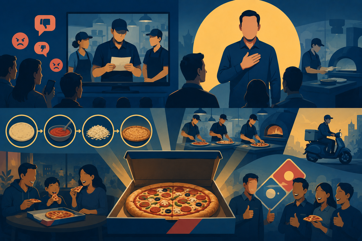 Illustration of a Domino's pizza box alongside honest customer feedback, representing brand transparency and rebuilding consumer trust