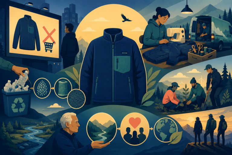 Illustration of a Patagonia jacket being repaired with a needle and thread, representing authentic brand values and sustainable business practices