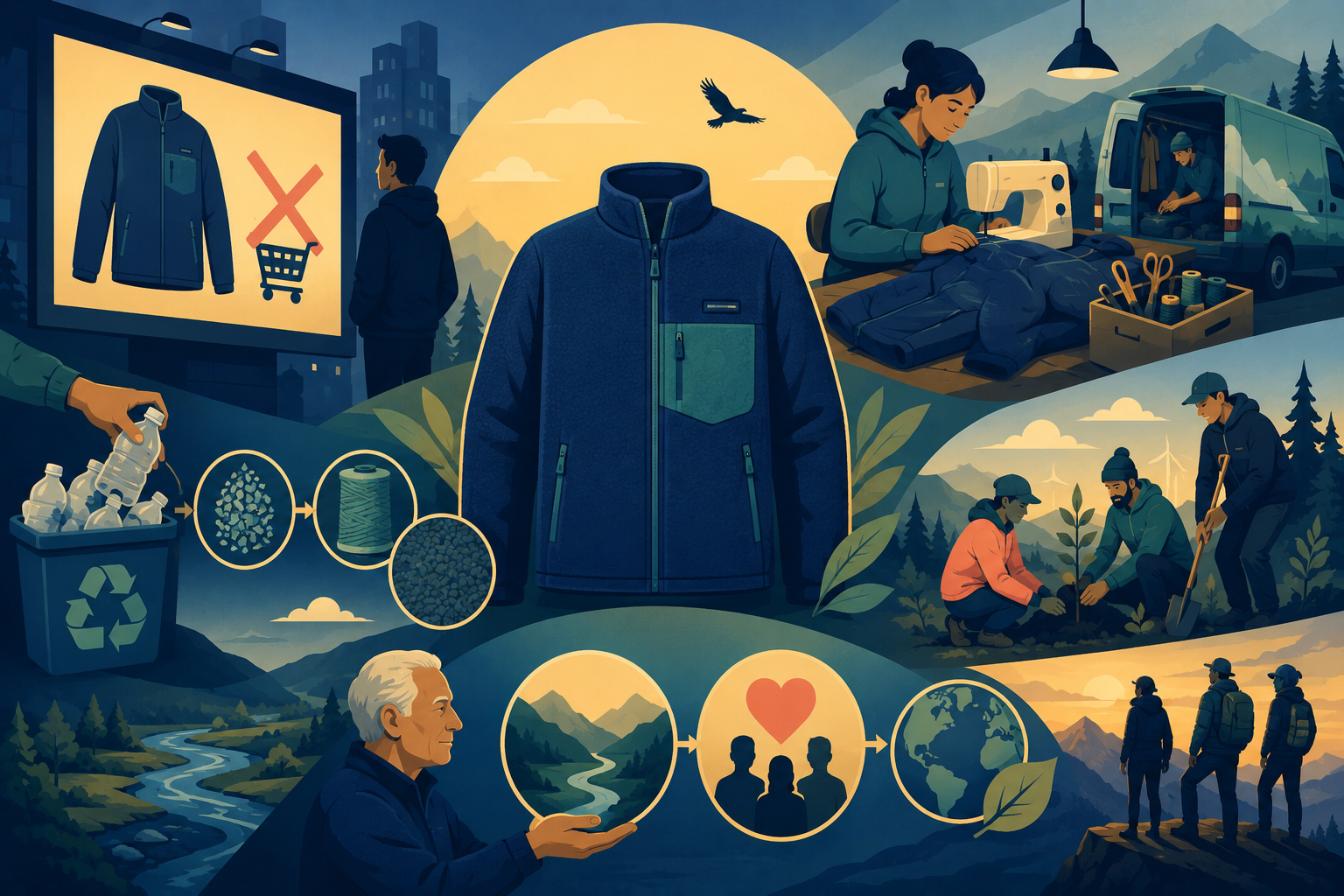 Illustration of a Patagonia jacket being repaired with a needle and thread, representing authentic brand values and sustainable business practices