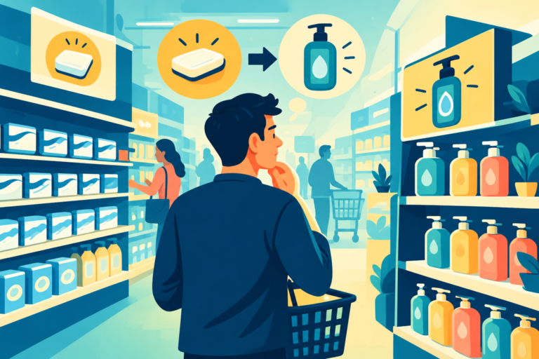 A shopper quickly grabbing a familiar square soap box from a crowded supermarket shelf, representing the dangerous trap of category familiarity