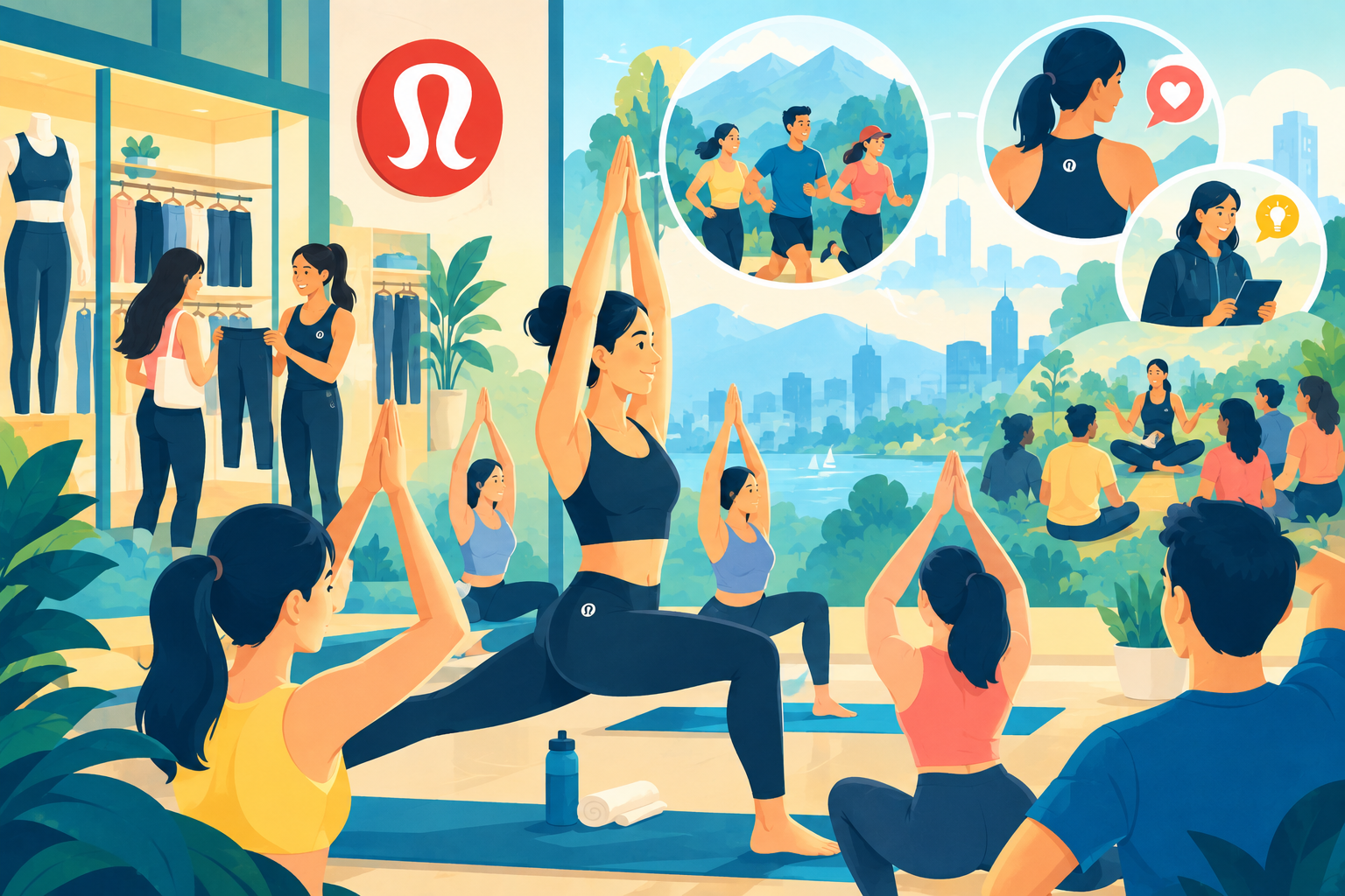 Illustration of a local yoga instructor leading a free class inside a retail store, representing successful community branding and grassroots marketing