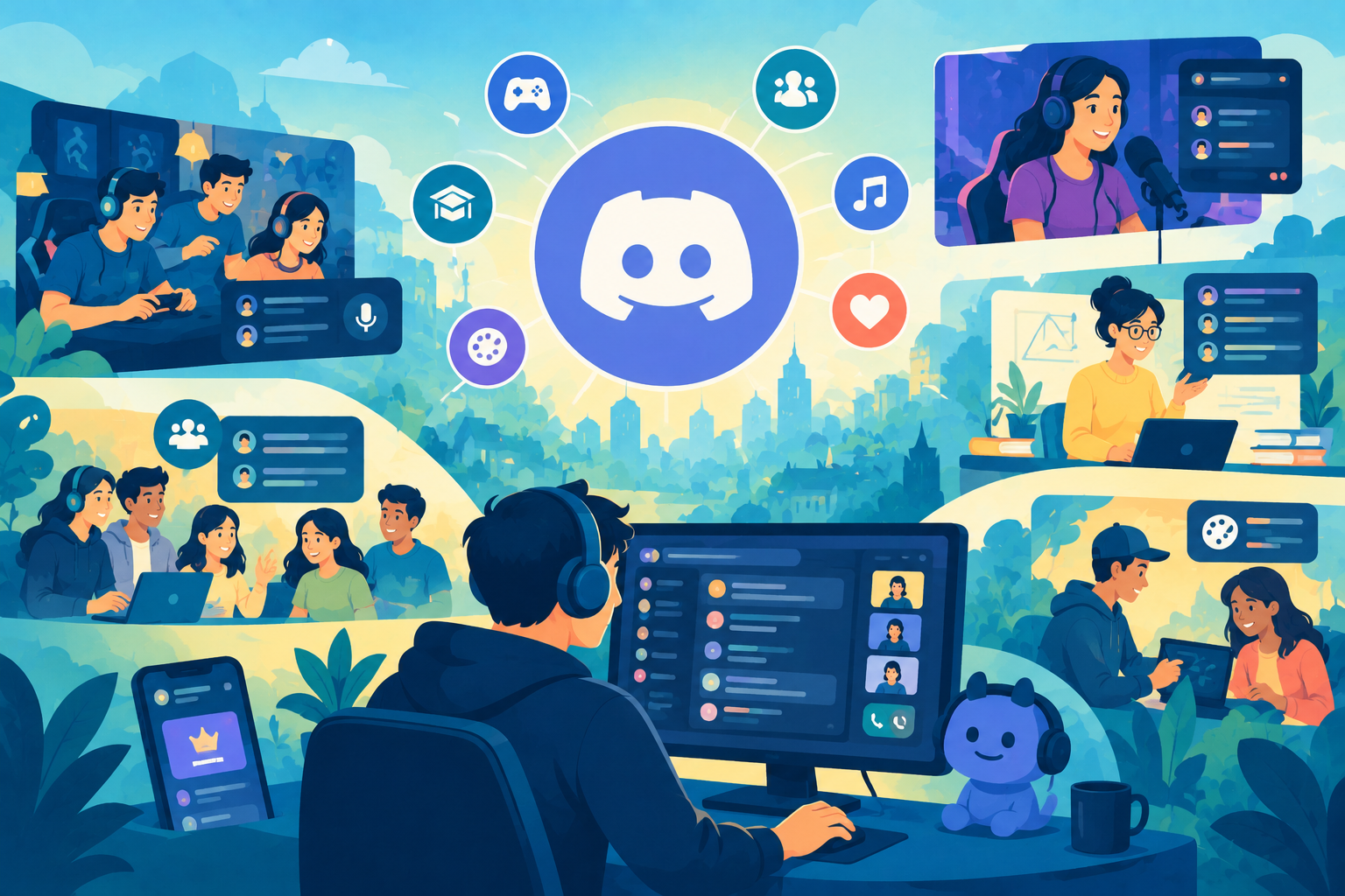 Illustration of a group of friends talking in a private digital room while playing a multiplayer video game, representing community-first growth on Discord