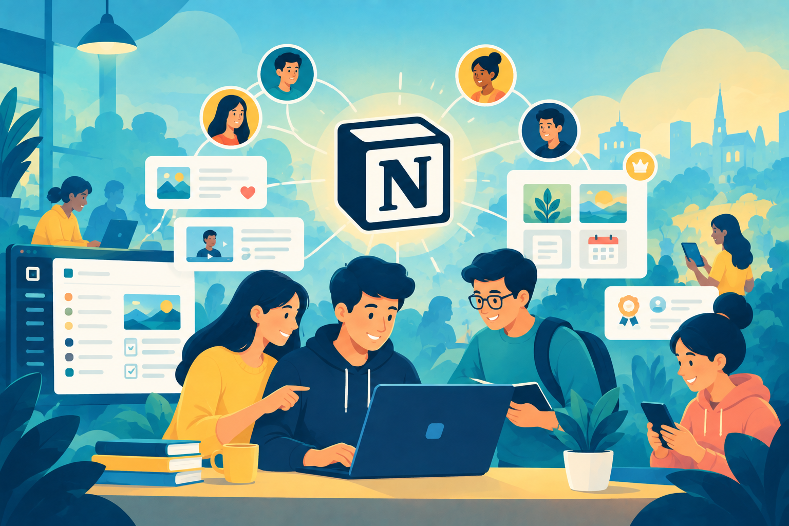 Illustration of a user sharing a custom Notion template on a public internet board, representing community-led growth and product evangelism