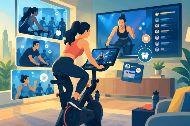 Illustration of a rider on a Peloton bike high-fiving someone on a live digital leaderboard, representing a successful community product