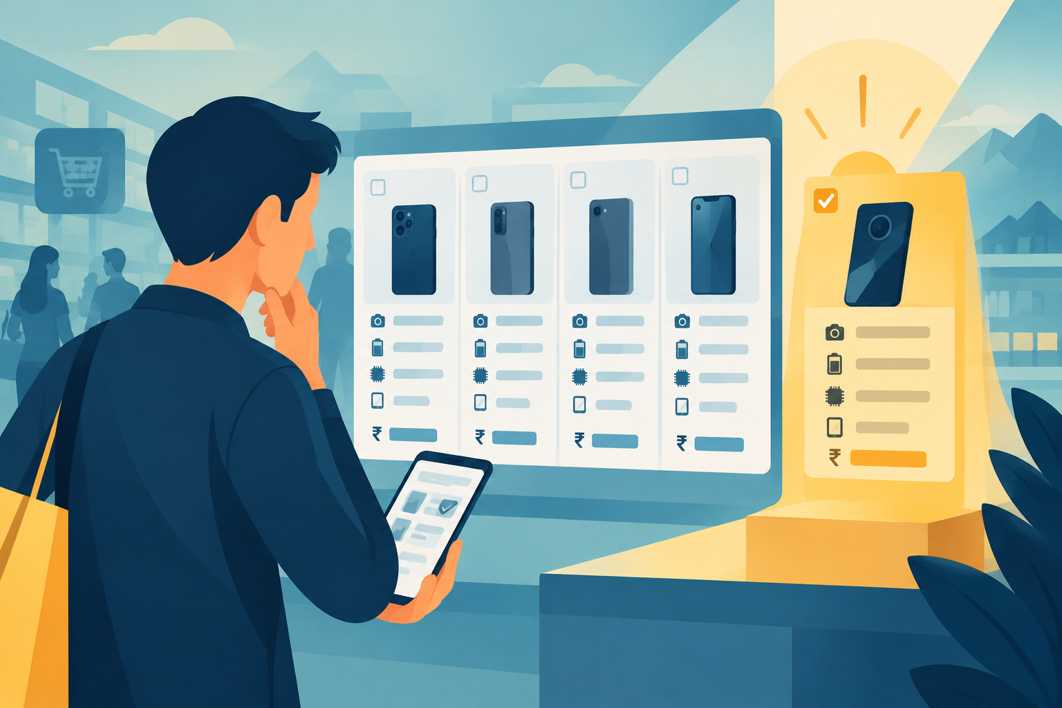 A shopper feeling overwhelmed while looking at a complex product specification table on a smartphone, representing the dangers of excessive consumer comparison