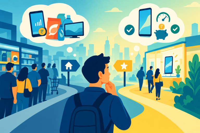 A shopper automatically grabbing a familiar orange soap packet while ignoring a better new brand, representing the dangerous trap of consumer inertia