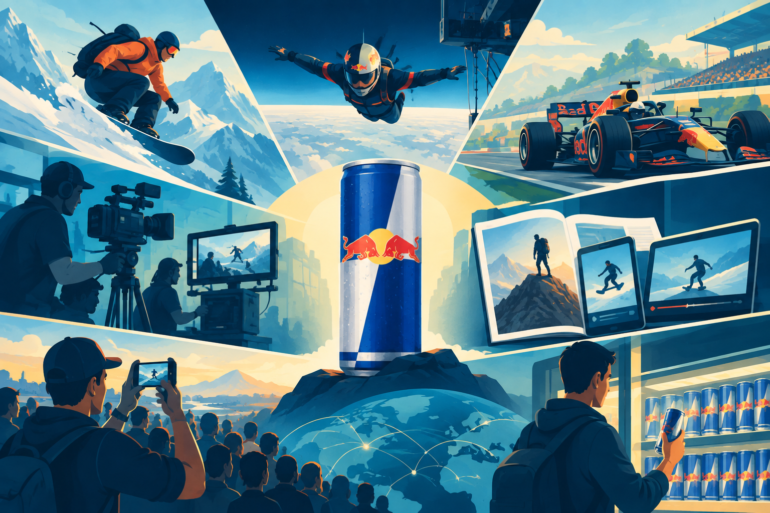 A man jumping over a wide river on a dirt bike wearing a Red Bull helmet, representing successful content marketing