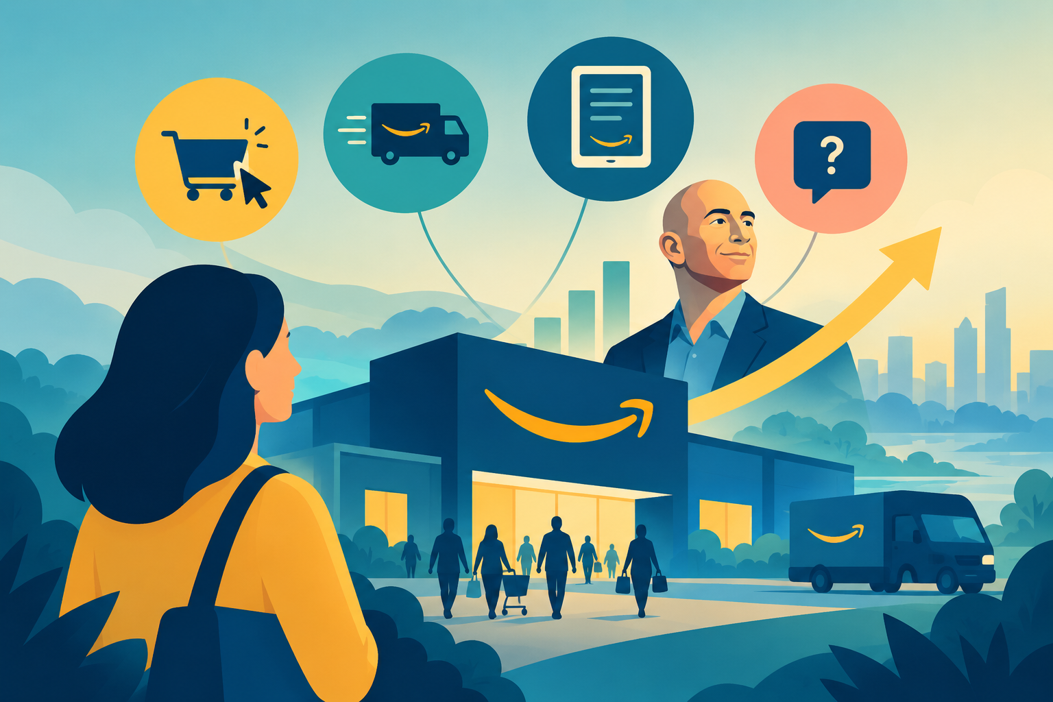 Illustration of an empty chair at a corporate boardroom table, representing customer obsession and Jeff Bezos's meeting strategy