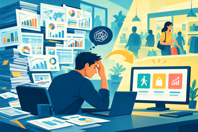 A frustrated shop manager staring at a massive pile of printed computer charts, representing the dangerous trap of data overload