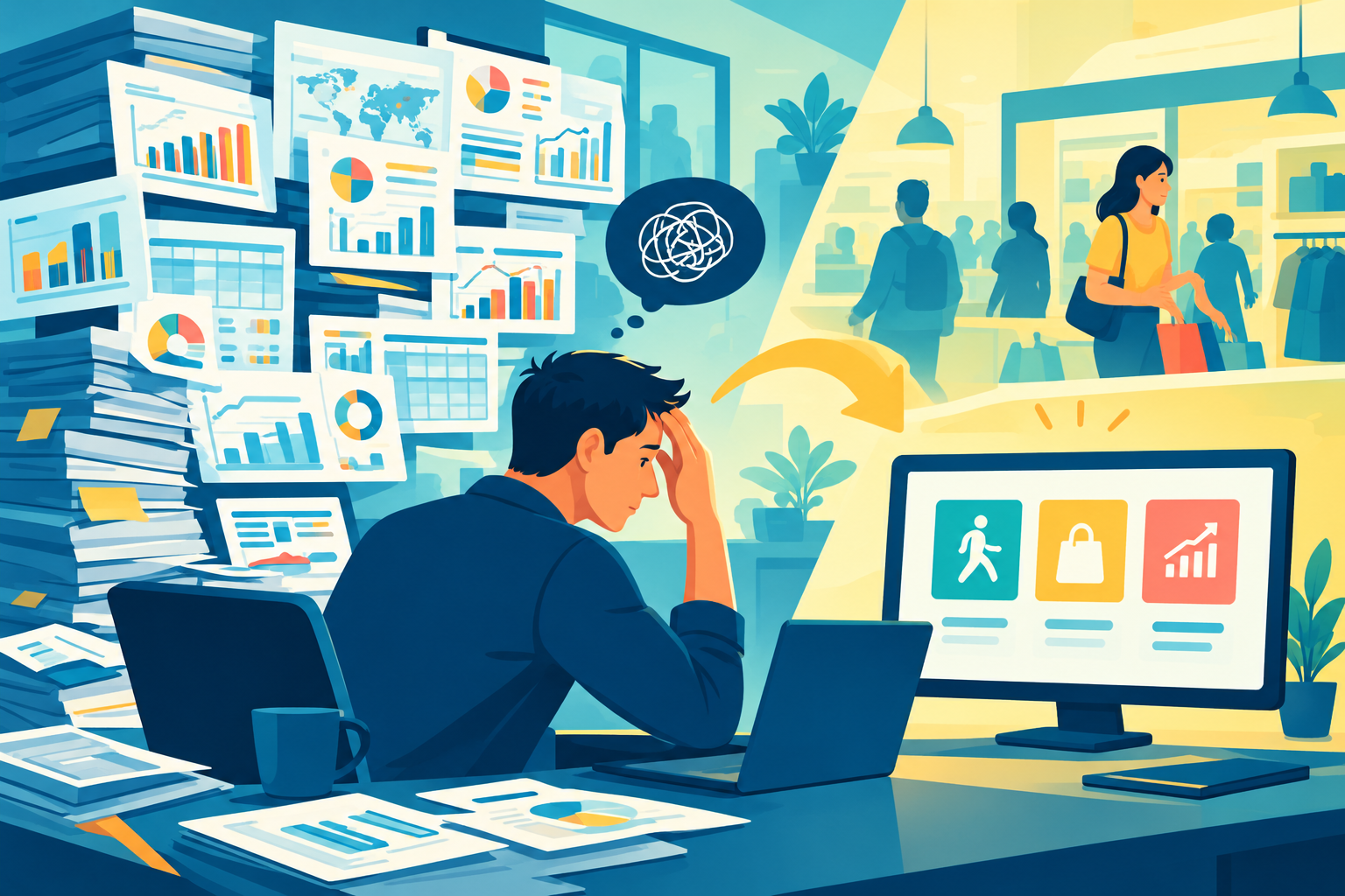 A frustrated shop manager staring at a massive pile of printed computer charts, representing the dangerous trap of data overload