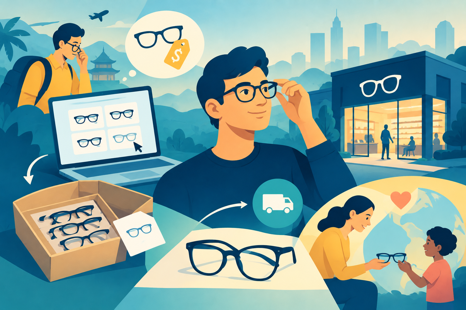 Illustration of a small cardboard box containing five pairs of eyeglass frames, representing disruptive retail and the Warby Parker home try-on model