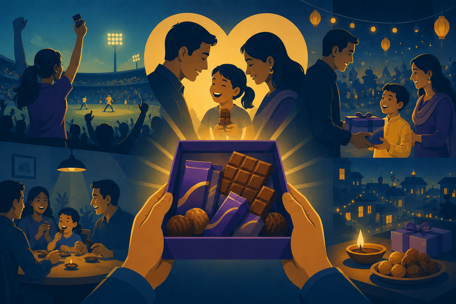 Illustration of a family sharing a purple box of Cadbury chocolates during a festival, representing emotional branding and cultural tradition