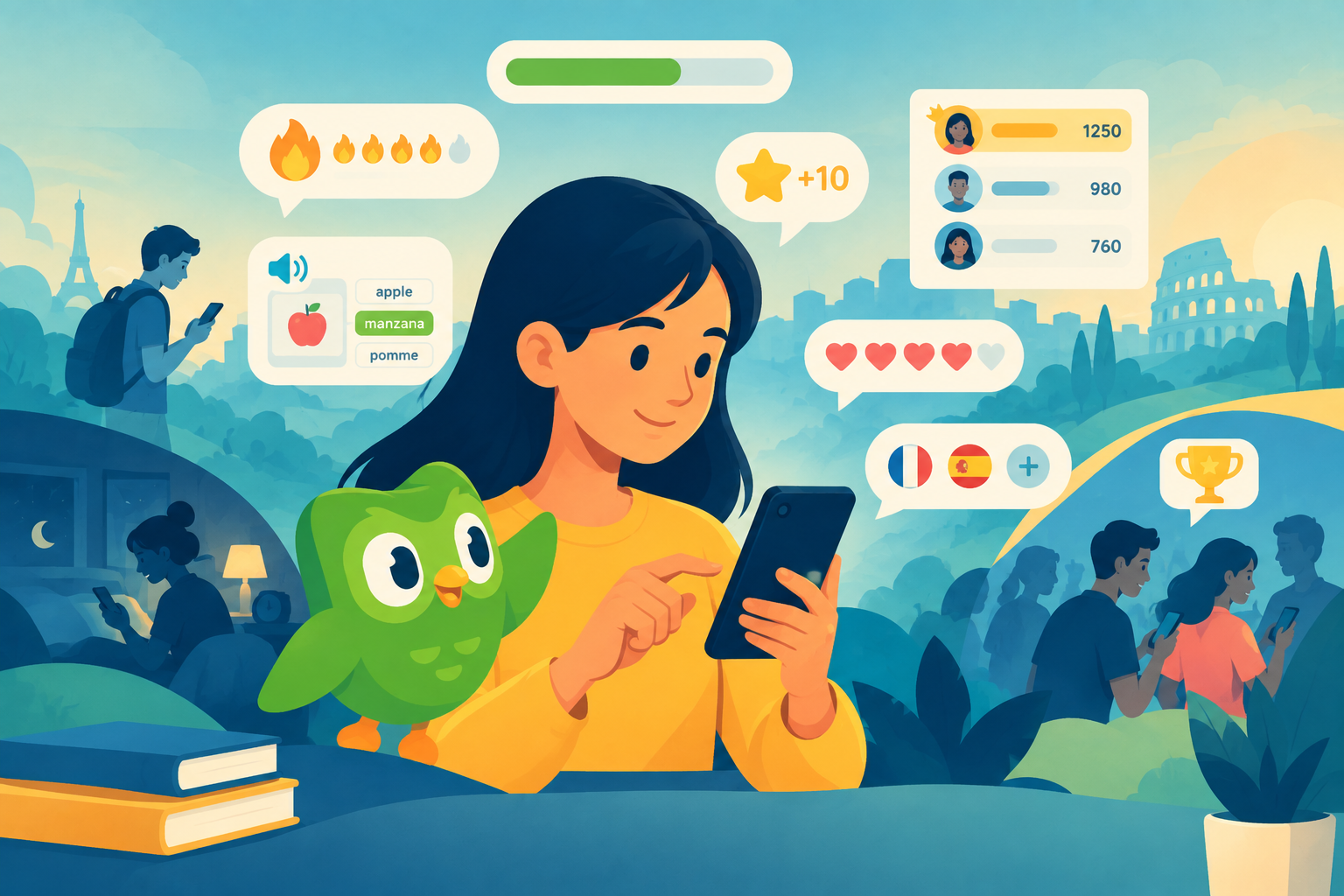 Illustration of Duo the green owl alongside a daily streak fire icon, representing Duolingo's successful gamification strategy