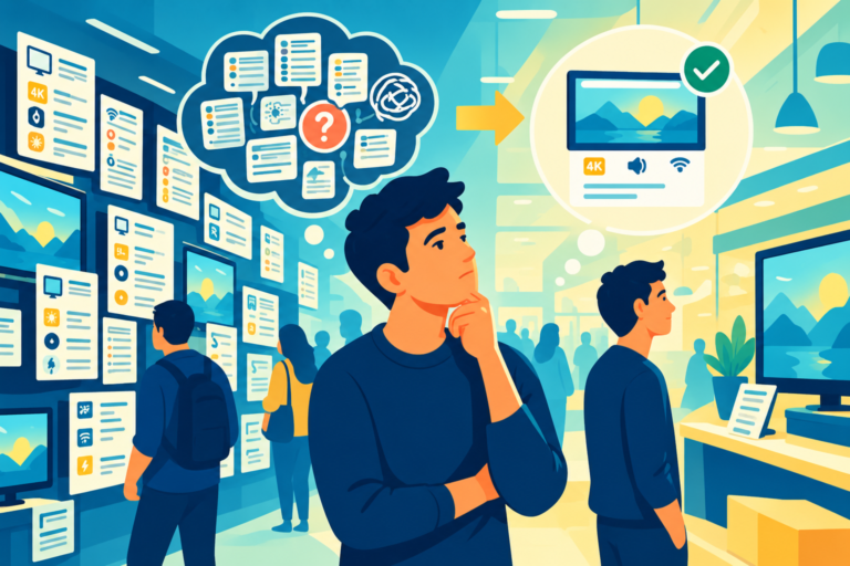 A confused customer staring at a crowded electronics store sign, representing the dangerous trap of information overload