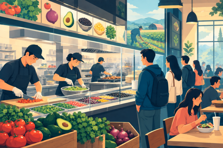 A Chipotle worker preparing fresh vegetables on a wooden board in an open kitchen, representing ingredient transparency and customer trust
