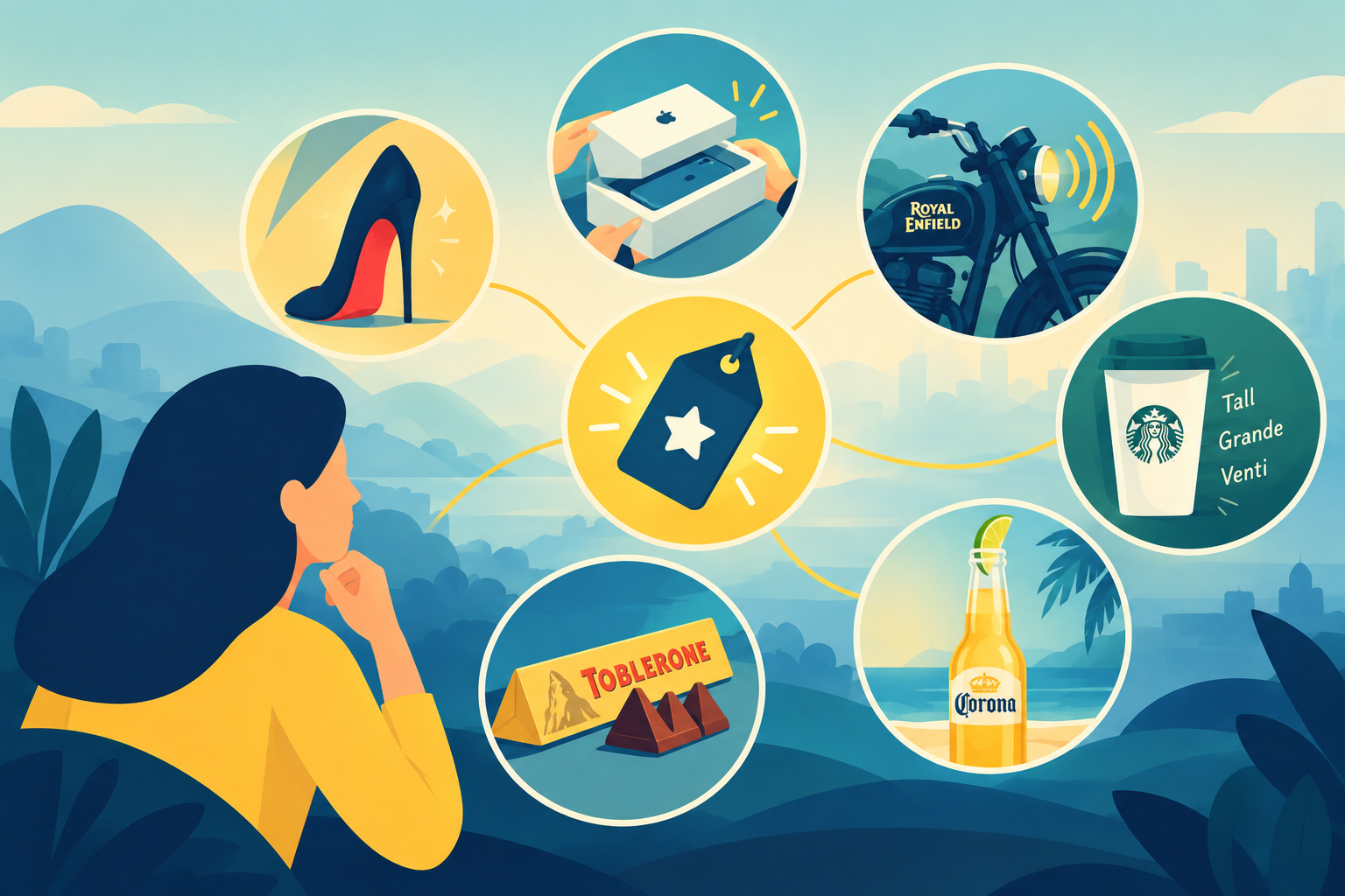 This illustration showcases various iconic marketing assets, highlighting how distinctive details like unique packaging, sounds, and designs create powerful brand recognition