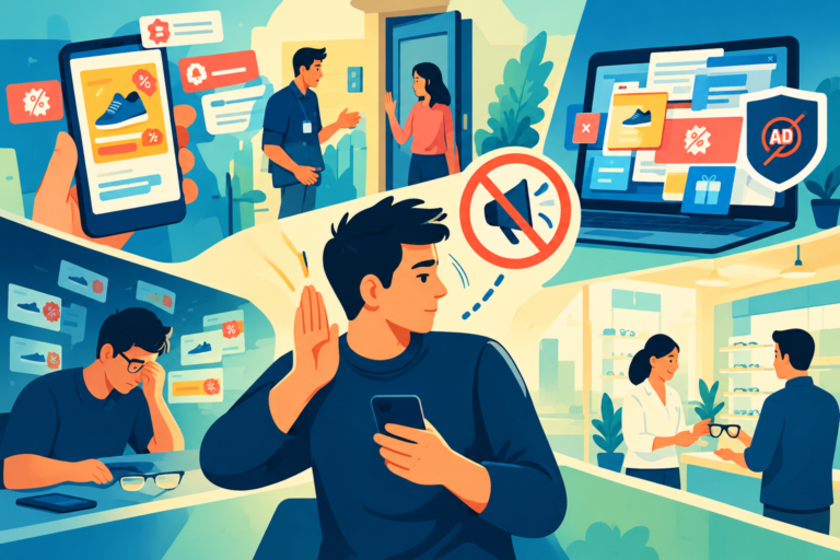 A frustrated customer holding up a hand to block a pushy salesman, representing the physical reaction of marketing avoidance