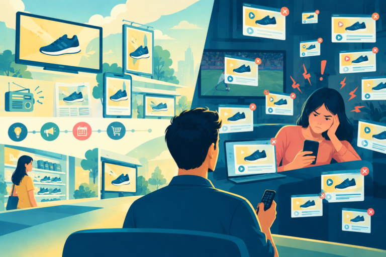 A frustrated viewer using a remote to change the television channel, representing the danger of high marketing frequency and ad fatigue