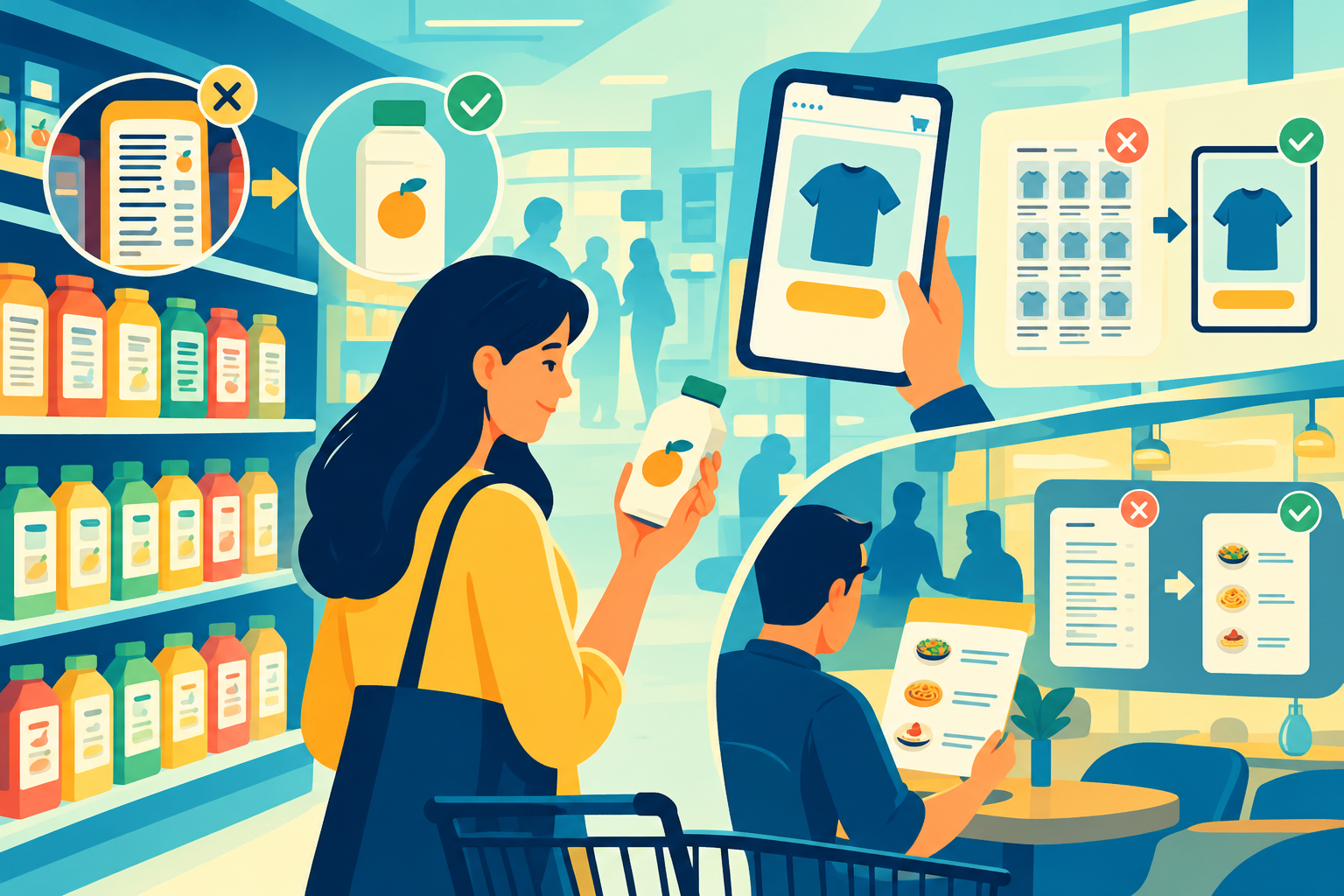 A shopper easily grabbing a product with a clean, white label from a busy grocery shelf, representing the physical power of marketing simplification