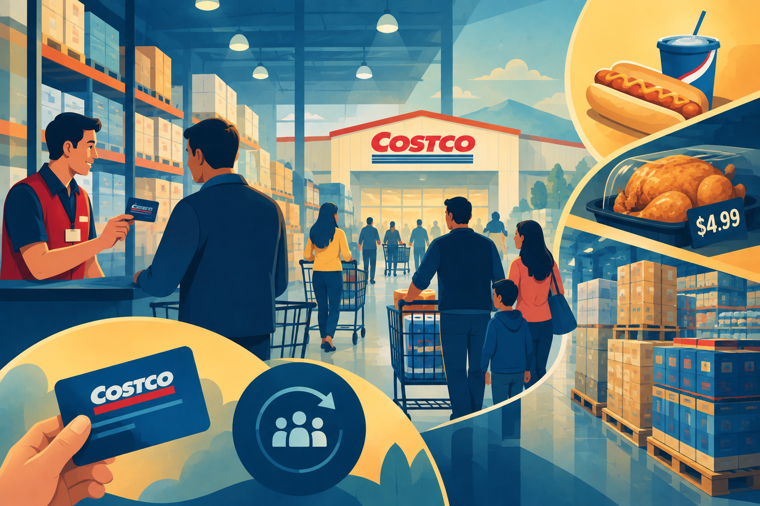 Illustration of a Costco worker checking a customer's ID card at the warehouse entrance, representing membership economics and retail loyalty