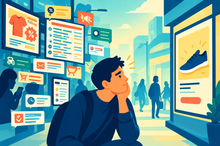 A confused driver driving past a crowded, unreadable store banner, representing the dangerous mistake of high message density