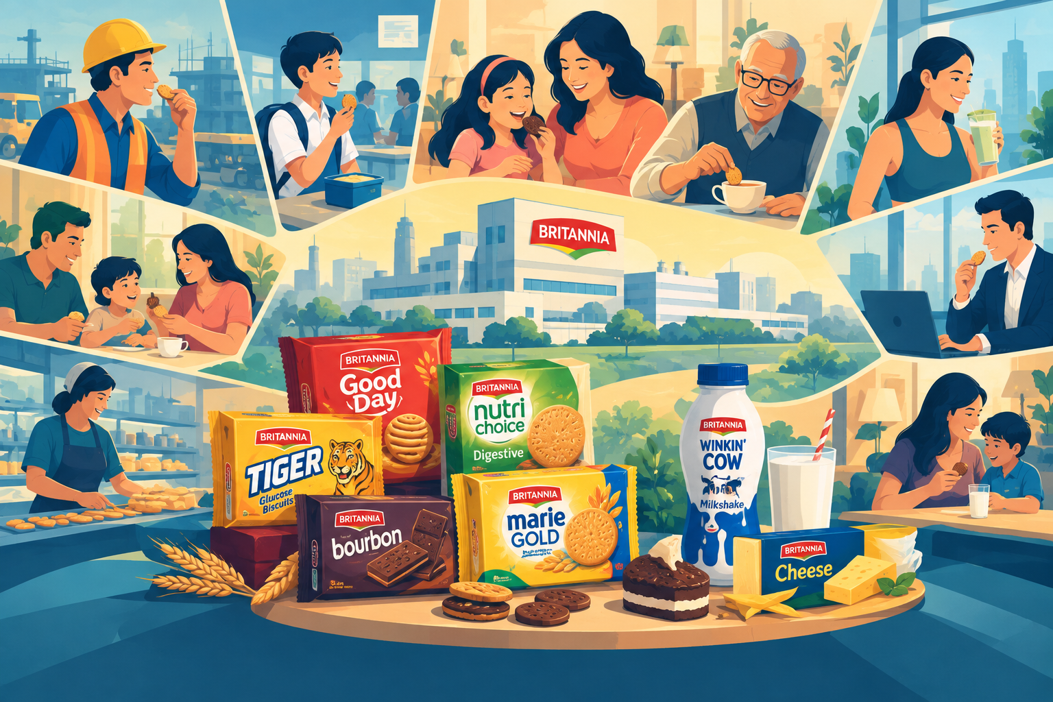 An assortment of Britannia products ranging from Tiger biscuits to Winkin' Cow milkshake, representing successful portfolio diversification