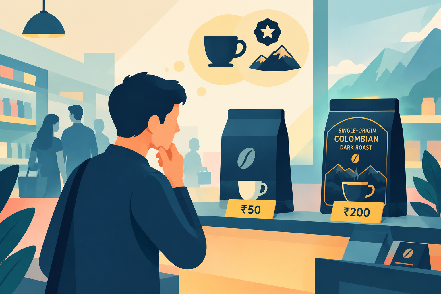 A coffee menu board comparing simple coffee names with premium descriptive options, representing the powerful effect of product naming